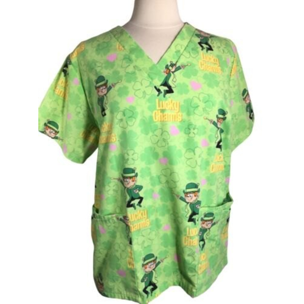 Lucky Charms Woman's Medium Green Scrub Top Nurse Shirt Pockets  D75